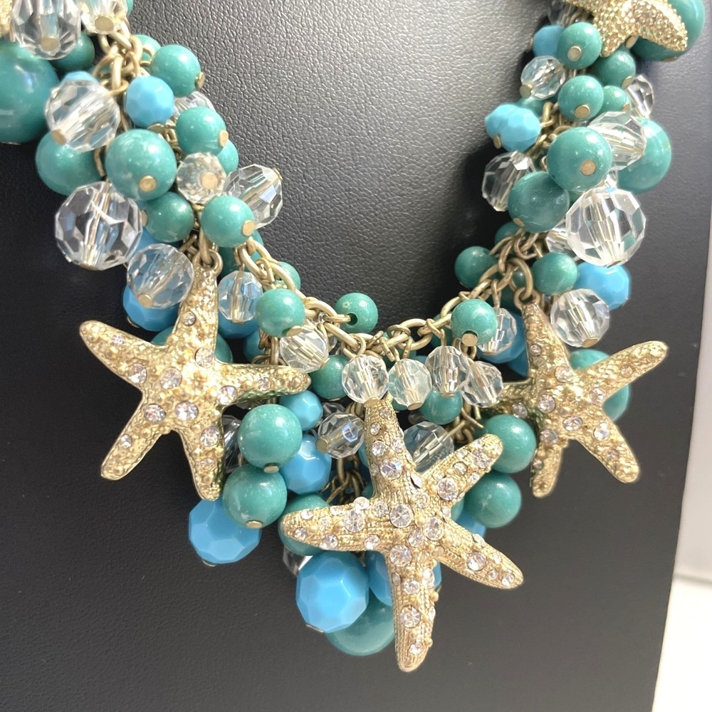 Starfish Rhinestone Necklace Beaded Gold Tone Teal Mermaidcore Summer